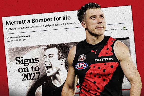 Essendon captain Zach Merrett signed a six-year contract extension in 2021. In 2025, he asked to be traded to Hawthorn with two years remaining on his contract.