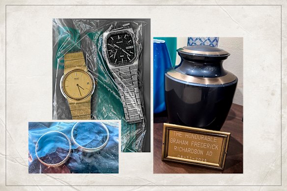 The rings, watches and a photo of the urn of Graham Richardson’s ashes that were left to his two oldest children Matthew and Kate