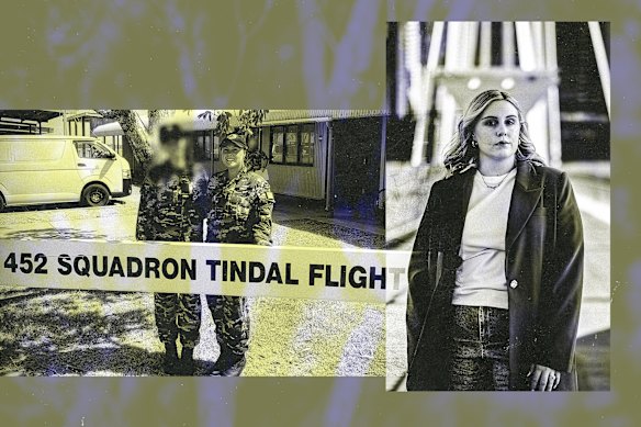 Jordyn Gray (right) and during her time in the RAAF.