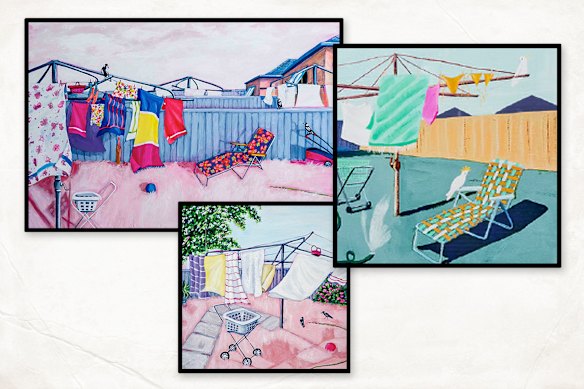 Imitation? Sophie Corks’ two original works in pink hues - Colourful Neighbours (2024) and Home (2024) and Adair’s canvas on the right. 