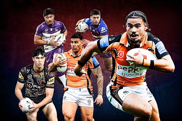 Has Wests Tigers’ centre Taylan May been the NRL ‘buy of the year’? What about (from left) Blaize Talagi, Stefano Utoikamanu, Terrell May, or Isaiah Iongi?