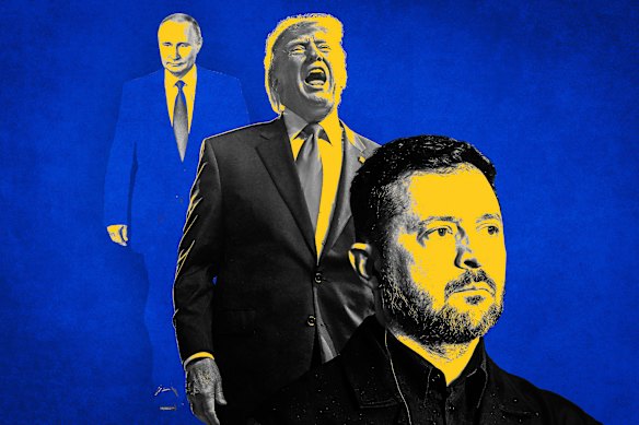 From left, Russian President Vladimir Putin; US President Donald Trump; and Ukrainian President Volodymyr Zelensky. 