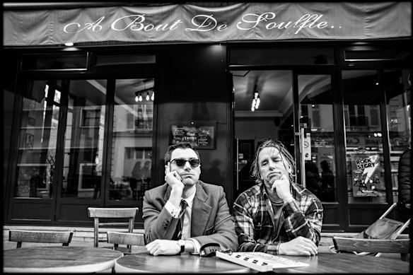 Guillaume Marbeck on the set of Nouvelle Vague with director Richard Linklater.