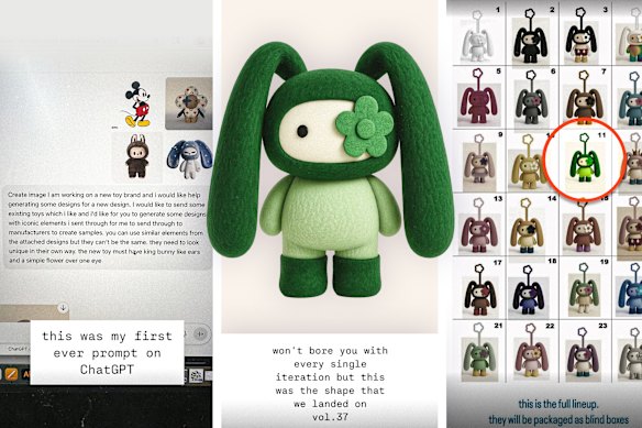 CJ Hendry has been transparent with her followers that the initial stage of her design process was done with the assistance of ChatGPT. The JuJu doll she said came out after prompt 37 appears almost identical to the eleventh doll that will be sold in blind boxes.