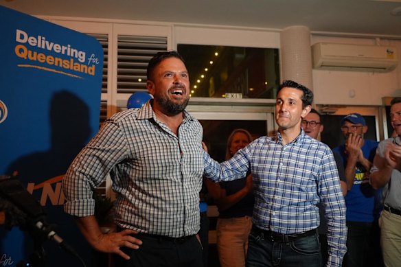 Newly elected Hinchinbrook MP Wayde Chiesa celebrates his byelection win with Premier David Crisafulli.