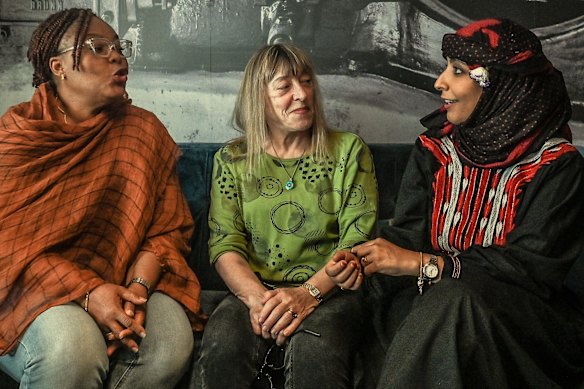Jody Williams (centre) with fellow Nobel laureates Leymah Gbowee (left) Tawakkol Karman.