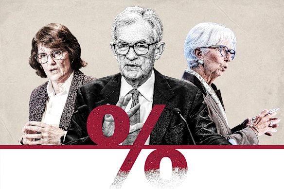 RBA governor Michele Bullock, Fed chairman Jerome Powell and European Central Bank chief Christine Lagarde.