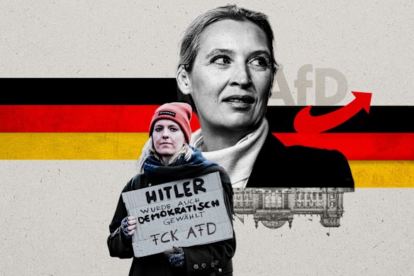The AfD under Alice Weidel (right) has transformed Germany’s political landscape. The protester’s sign reads “Hitler was also democratically elected”.