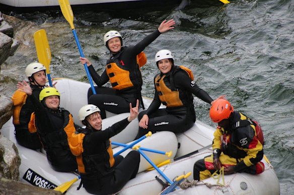 Katie Berridge, in the yellow helmet, on a white-water rafting tour in Voss, Norway in September 2025.