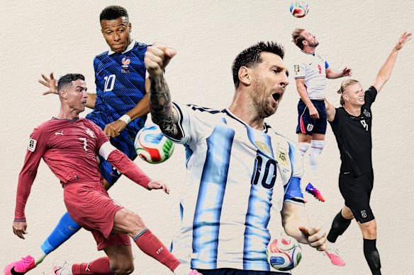 The race for the World Cup Golden Boot is turning into a battle of the superstars with Cristiano Ronaldo (left), Kylian Mbappe (top left), Lionel Messi (middle), Harry Kane (top right) and Erling Haaland (bottom right) in the running.