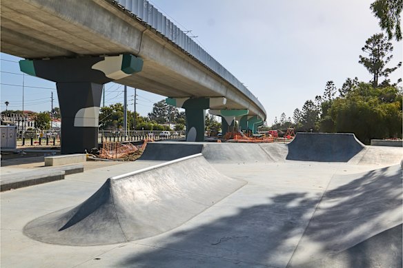 The new skate park at the Oats Street youth plaza which forms park of Long Park under the elevated rail line.