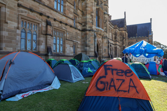 The pro-Palestinian encampment astatine  the University of Sydney.