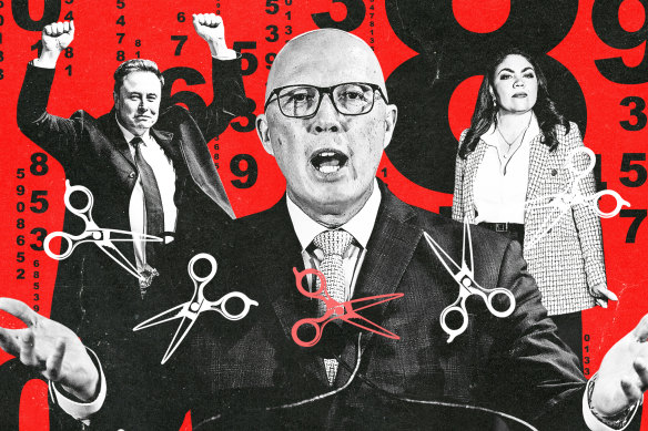 Elon Musk, Peter Dutton and Jacinta Nampijinpa Price. Governments and oppositions have always promised to slice the public service to make budget savings.