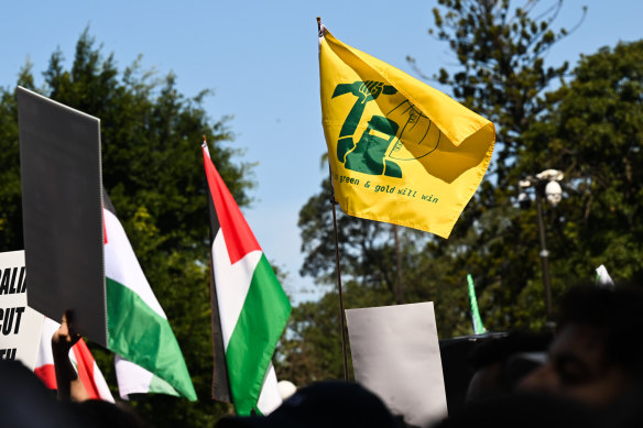 A flag evoking the colours and design of the Hezbollah flag flown at a Sydney protest.