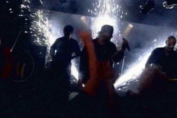 Footage from WPRI-TV television shows a pyrotechnics display that ignited a fatal fire at The Station nightclub in West Warwick, Rhode Island, in February 2003.