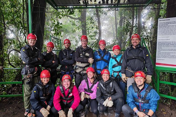 One benefit of group travel is that you never have to zip line alone.