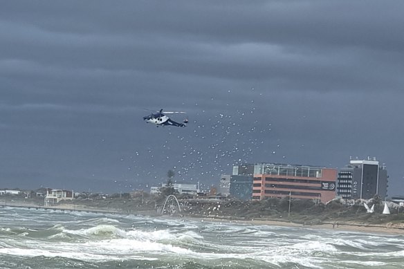 A police helicopter at Frankston beach on Wednesday afternoon.