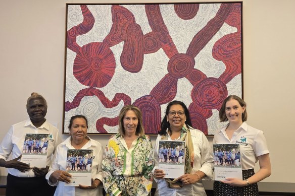 Labor WA Senator Sue Lines, centre, with members of the Kimberley Aboriginal Women’s Council at the launch of the council’s 2025-27 strategic plan in Canberra.