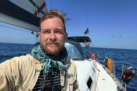 Australian Global Sumud participant Zack Schofield is pictured here near Turkey in May after being intercepted by Israel west of Crete in international waters in April. He was intercepted again in mid-May and taken to prison in Israel.