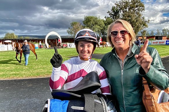 Apprentice Bronte Simpson and  trainer Kristen Buchanan after Stylebender gave Simpson her first winner, at Muswellbrook in May 2025.