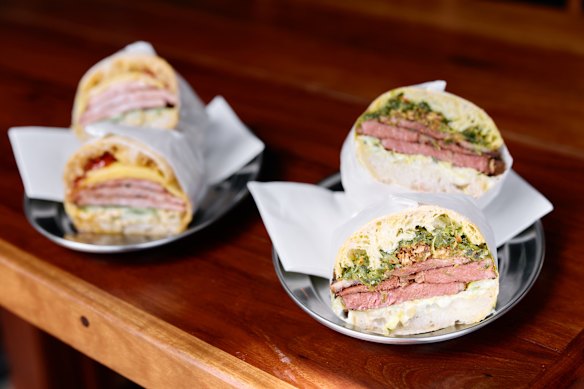 The pork and brisket sandwiches, photographed together.