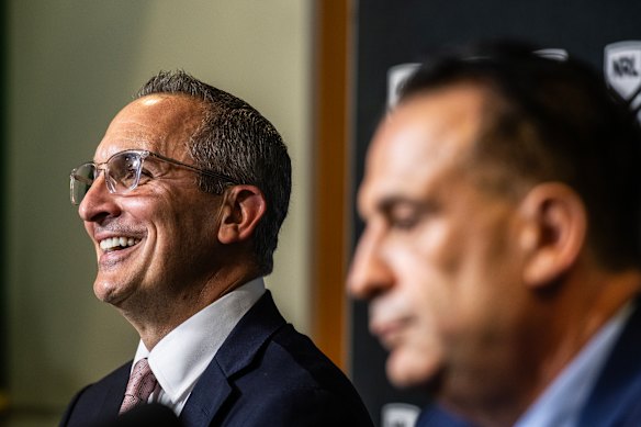 Andrew Abdo and Peter V’landys at a press conference on Monday.