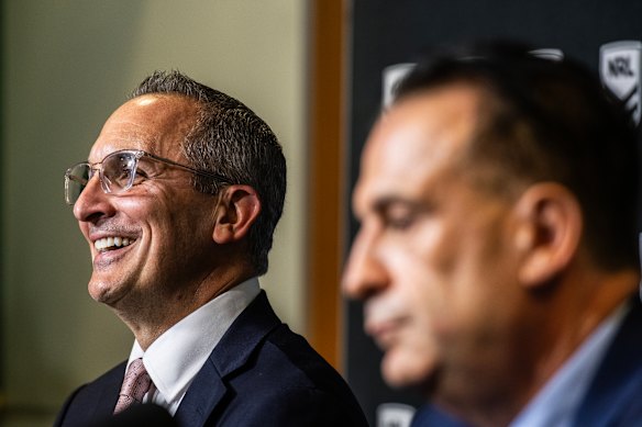 Andrew Abdo and Peter V’landys at a press conference on Monday.