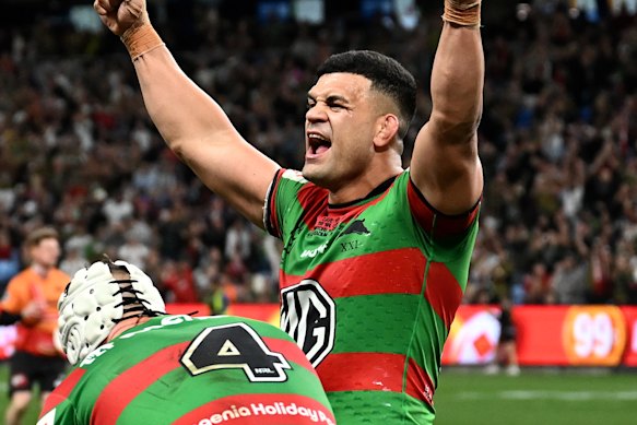 David Fifita celebrates a try against the Roosters.