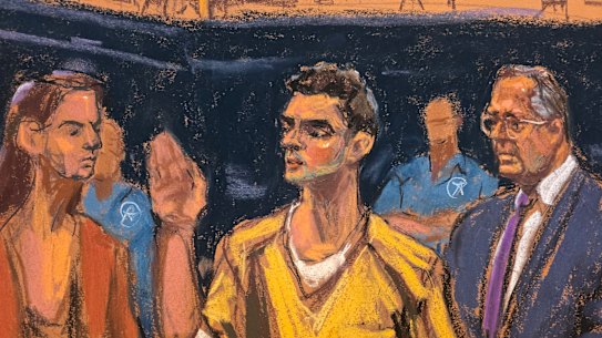 A courtroom sketch depicts Luigi Mangione, center, standing between his attorneys, Karen Friedman Agnifilo, left, and Marc Agnifilo, right, as he is sworn in before pleading guilty to federal stalking charges in the killing of UnitedHealthcare CEO Brian Thompson.