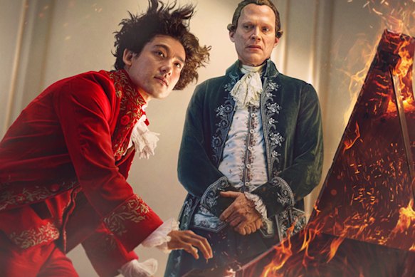 Will Sharpe as Amadeus and Paul Bettany as Salieri in Amadeus.