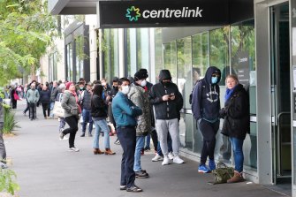 Lines outside of Centrelink when the pandemic hit last year.