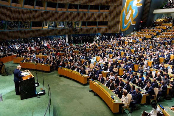 Trump’s remarks were occasionally met with murmurs from the audience, who appeared to grow restless as the speech went on.