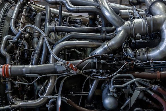 The bleed air ducts of a jet engine.