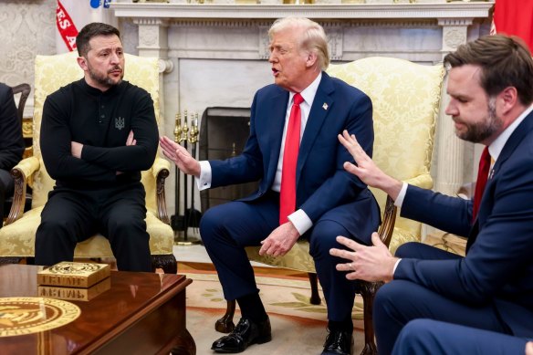  Ukrainian President Volodymyr Zelensky, US President Donald Trump and Vice President JD Vance during a disastrous meeting in the Oval Office in February.