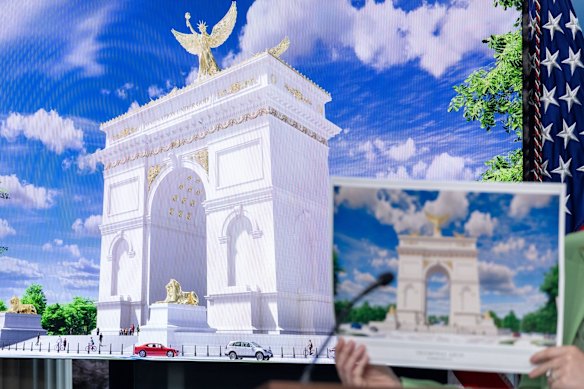Trump says the “Triumphal Arch” he intends to build across the river near Arlington Cemetery will have snipers and be stocked with ammunition.