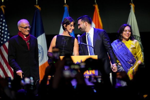 New York mayor-elect Zohran Mamdani with his wife Rama Duwaji and parents Mahmood Mamdani and Mira Nair during an election night event.