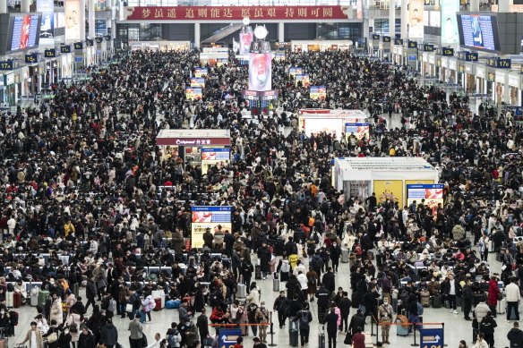 Travellers at Hongqiao railway station in Shanghai ahead of this year’s Lunar New Year celebrations.