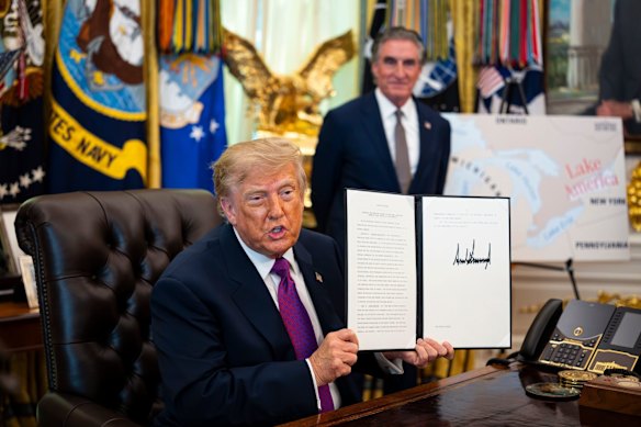 President Donald Trump signs an executive order to rename the Lake of Ontario to the “Lake of America”.