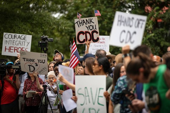 Centres for Disease Control and Prevention staff and supporters protest in Atlanta, Georgia, last month,
