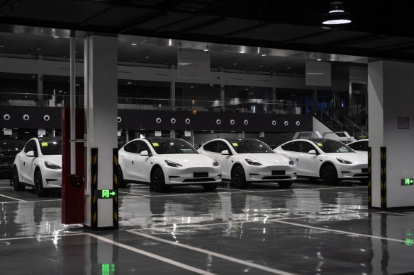 Tesla electric vehicles at a showroom in Beijing.