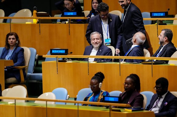 Iranian Foreign Minister Abbas Araghchi watches the Iranian president address the United Nations in New York.