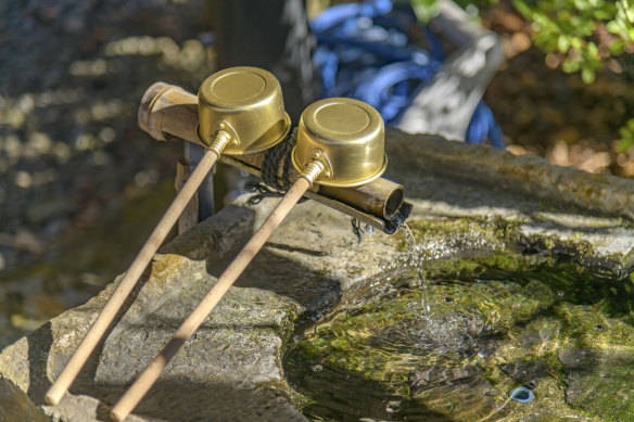 Water ladles (known in Japanese as kakeyu-hishaku) are an essential feature of onsens, such as these ones in the village of Kurokawa Japan.