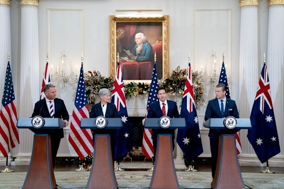 Defence Minister Richard Marles, Foreign Minister Penny Wong, US Secretary of State Marco Rubio and US War Secretary Pete Hegseth ahead of their meeting.