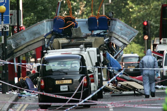 The wreckage of a double decker bus with its top blown off at Tavistock Square in London  on July 7, 2005.