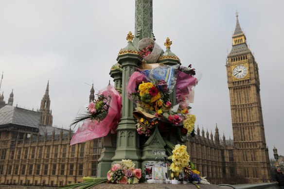  Flowers are left on Westminster Bridge in memory of those who died in the March 2017 Westminster terror attack. 