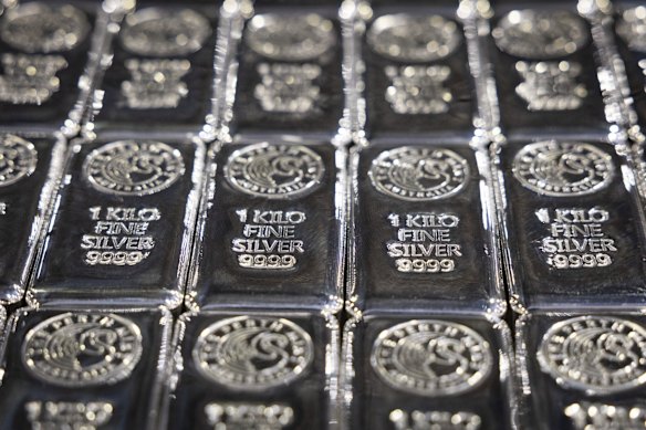 One kilogram silver bars stacked at the Perth Mint Refinery.