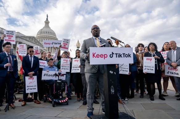  Jamaal Bowman, a Democrat from New York, speaks outside the US Capitol in defence of TikTok, which has 150 million US users.