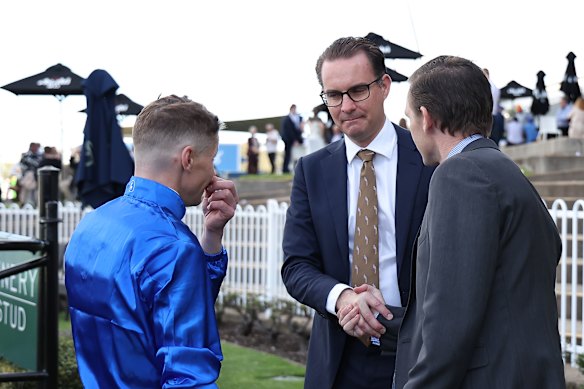 Godolphin’s Jason Walsh speaks after jockey James McDonald and Chris Waller Racing’s Charlie Duckworth after the win of Amusing at Rosehill on August 16.