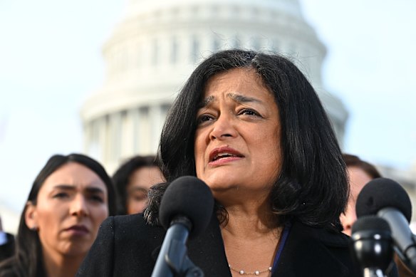 Democratic Representative Pramila Jayapal at news conference with Epstein survivors in Washington on Wednesday.