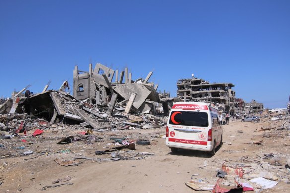 A Red Crescent ambulance drives through Khan Younis in southern Gaza last year.